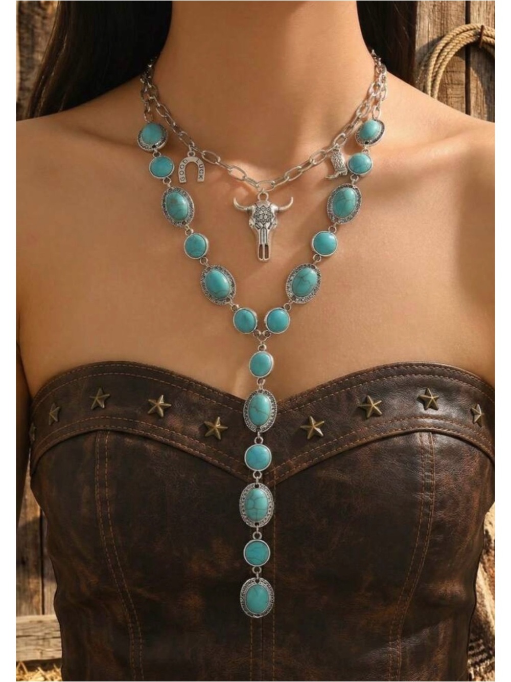 Boho country western turquoise 2 pieces layered festival charm necklace, new!